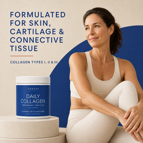 Woman with Verava Daily Collagen for skin cartilage and connective tissue
